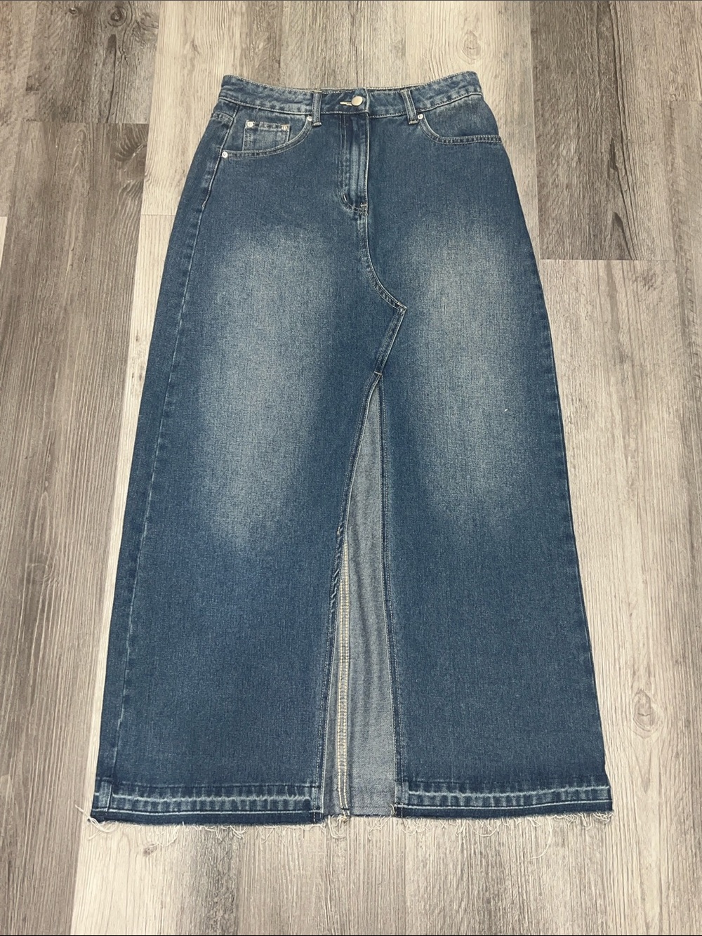 Cider Blue Denim Distressed Maxi Skirt with Front Center Slit, size M